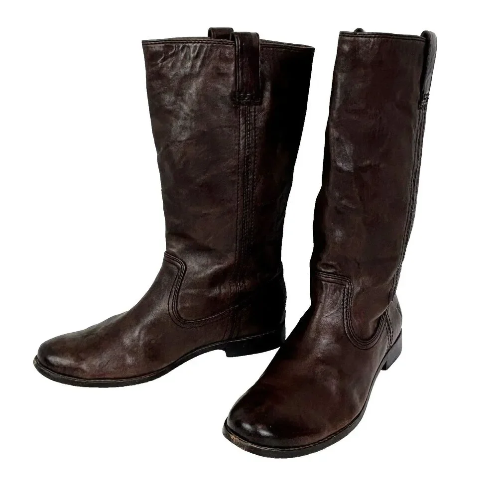 Frye Anna Pull On Riding Boots Full Leather Under the Knee High Dark Brown sz 9